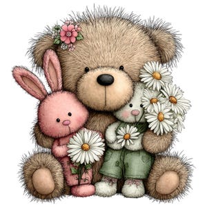 以下が含まれることがあります： 茶色のテディベアがピンクのウサギと白いウサギを抱きしめている、気まぐれなイラストです。テディベアは花の冠をかぶっています。各キャラクターは、黄色の中心を持つ白いデイジーのブーケを持っています。画像は柔らかく、テクスチャード加工された外観です。