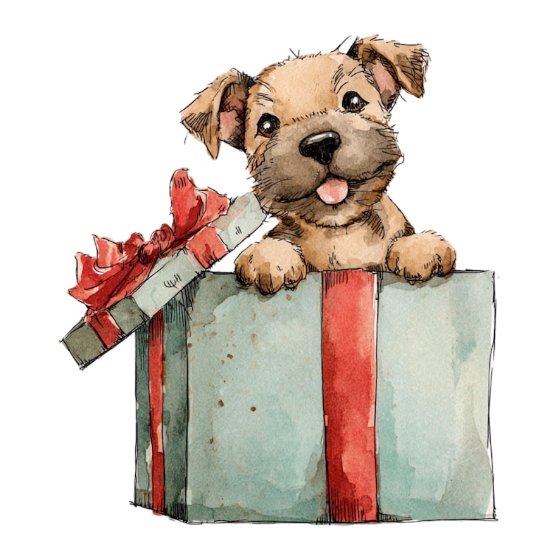 Pu&ograve; includere: Illustrazione ad acquerello di un cucciolo marrone chiaro che sbuca da una scatola regalo azzurra con un nastro rosso. Il cucciolo ha la lingua di fuori e sembra felice. La confezione regalo &egrave; aperta, rivelando un nastro rosso e un interno bianco.