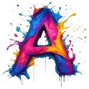May include: A vibrant, colorful letter "A" in a splash art style. The letter is filled with shades of pink, blue, yellow, and teal, with paint splatters extending outwards. The background is white, highlighting the vivid colors.