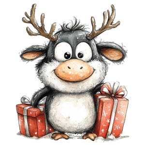 K&ouml;nnte beinhalten: Ein Cartoon-Charakter, eine Mischung aus Pinguin und Rentier, mit gro&szlig;en Augen und einem fr&ouml;hlichen Gesichtsausdruck. Er tr&auml;gt ein Geweih und h&auml;lt zwei rote Geschenkboxen mit wei&szlig;en Schleifen. Der Stil ist aquarellartig.