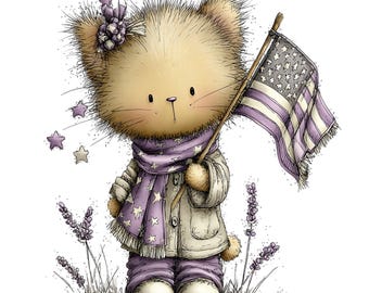 Puede incluir: Una ilustración caprichosa de un personaje parecido a un oso de peluche sosteniendo una bandera estadounidense de color lavanda. El oso lleva una bufanda y pantalones a juego con patrones de estrellas, un abrigo color crema y una flor en el pelo. Ramas de lavanda en primer plano.