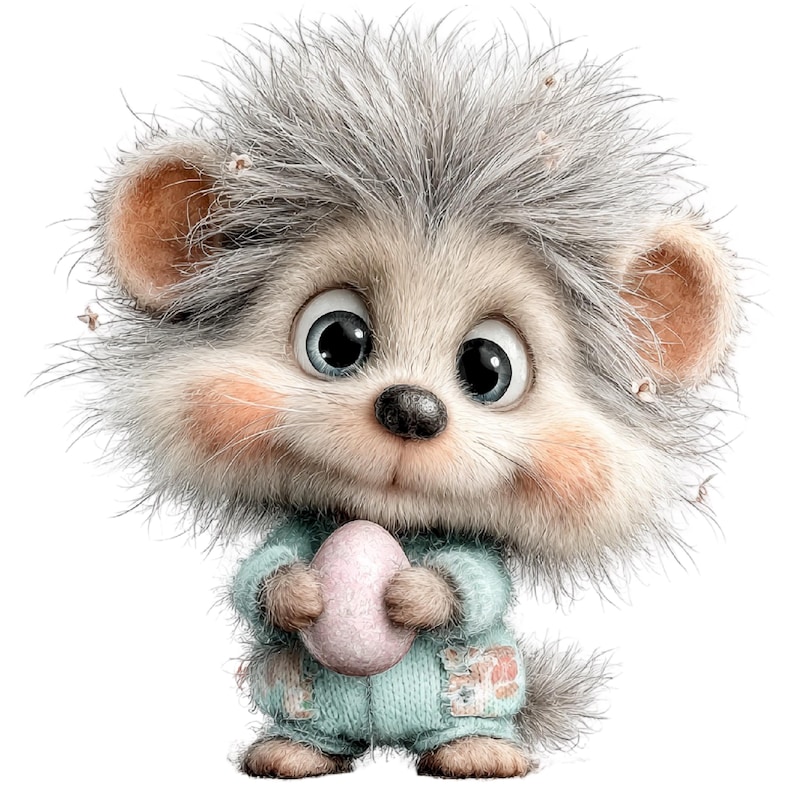 May include: A charming cartoon hedgehog with gray fur and big blue eyes, wearing a light blue outfit, holding a pink egg. The hedgehog has a sweet expression and rosy cheeks, creating a whimsical and adorable image.