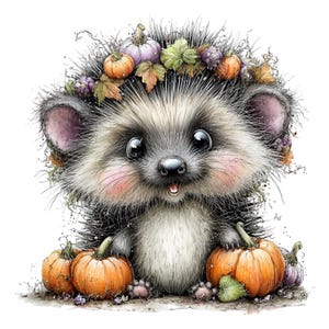 May include: A fluffy hedgehog illustration featuring a crown of small pumpkins and autumn leaves on its head. The hedgehog has large dark eyes, pink cheeks, and a light-colored belly, surrounded by several orange pumpkins at its base.