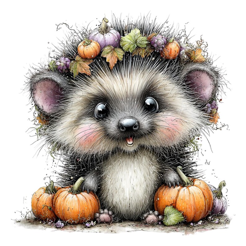 May include: A fluffy hedgehog illustration featuring a crown of small pumpkins and autumn leaves on its head. The hedgehog has large dark eyes, pink cheeks, and a light-colored belly, surrounded by several orange pumpkins at its base.