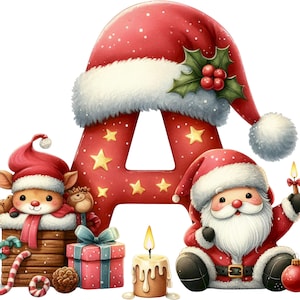 Puede incluir: Ilustración navideña festiva con la letra "A" roja adornada con estrellas doradas y un gorro de Papá Noel. La imagen incluye un reno, Papá Noel, regalos, velas y adornos, todo en estilo acuarela.