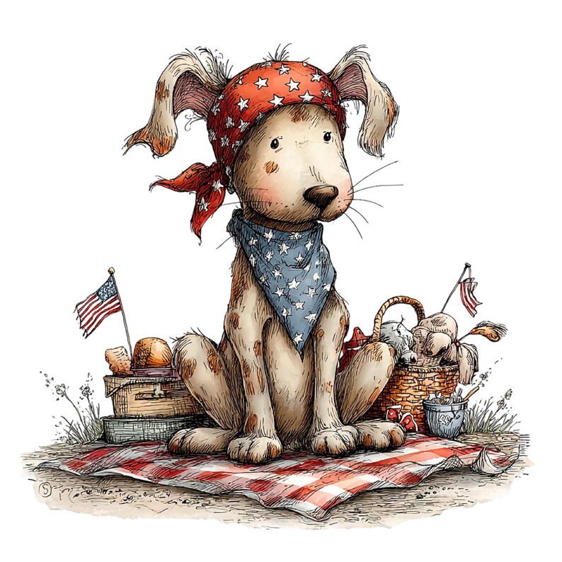 Puede incluir: Ilustraci&oacute;n de un perro con un pa&ntilde;uelo rojo con estrellas blancas y un pa&ntilde;uelo azul con estrellas blancas. El perro est&aacute; sentado en una manta de picnic a cuadros rojos y blancos con una cesta de picnic y banderas americanas.