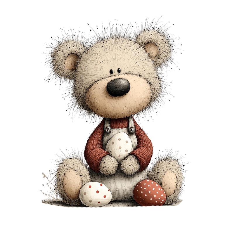 May include: A whimsical illustration of a teddy bear wearing a red sweater and white overalls, holding a speckled egg. Two additional decorated eggs sit in front of the bear. The bear has a large black nose and fluffy fur.