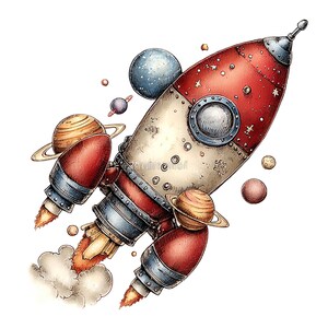 May include: A vintage-style red and cream rocket ship illustration featuring a metallic nose cone, a circular porthole, and three thrusters emitting orange flames and smoke, surrounded by several small planets and rings in space.