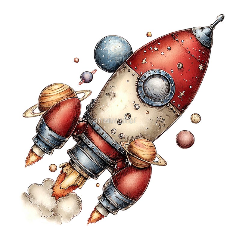 May include: A vintage-style red and cream rocket ship illustration featuring a metallic nose cone, a circular porthole, and three thrusters emitting orange flames and smoke, surrounded by several small planets and rings in space.