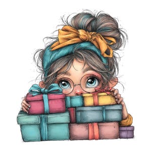K&ouml;nnte beinhalten: Illustration eines M&auml;dchens mit Brille, das &uuml;ber einen Stapel bunter Geschenkboxen blickt. Das M&auml;dchen hat ein blaues Stirnband mit einer gelben Schleife. Die Geschenkboxen sind in verschiedenen Farben, darunter Rosa, Blau und Gelb.