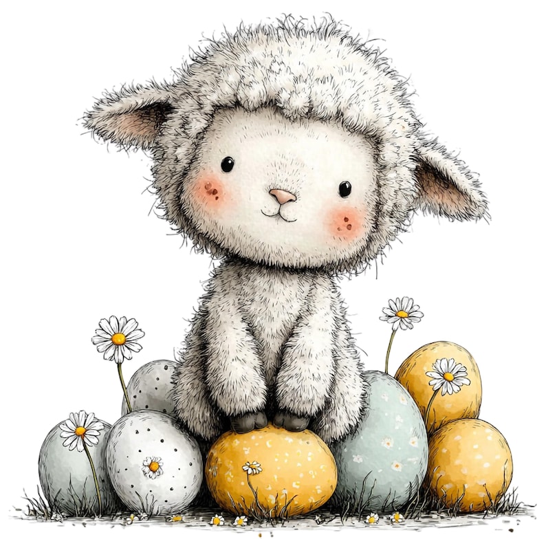 May include: A watercolor illustration of a fluffy white lamb with rosy cheeks, sitting among decorated Easter eggs. The eggs are pastel colors with floral patterns. Daisies are scattered around the lamb and eggs.