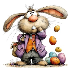 May include: A cartoon illustration of a brown rabbit dressed in a purple coat, orange vest, and gray pants, holding a bag. Colorful Easter eggs are falling from above. The rabbit has a surprised expression.
