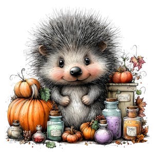 May include: A spiky gray hedgehog stands surrounded by orange pumpkins and several glass bottles filled with colorful liquids. The scene includes autumn leaves and a small wooden crate, creating a seasonal display with a whimsical, hand-drawn aesthetic.