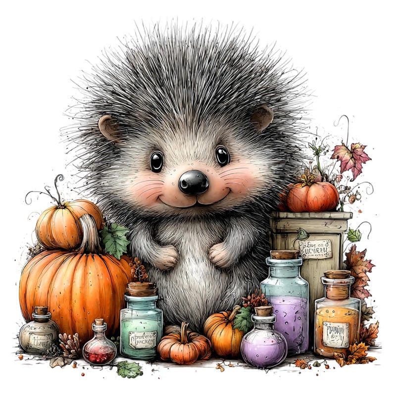 May include: A spiky gray hedgehog stands surrounded by orange pumpkins and several glass bottles filled with colorful liquids. The scene includes autumn leaves and a small wooden crate, creating a seasonal display with a whimsical, hand-drawn aesthetic.