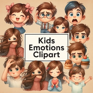 Lot de 33 cliparts mignons enfants Emotions PNG - Parfait pour les enseignants, les thérapeutes et les créatifs ! Comprend des visages heureux, tristes, en colère et bien d&#39;autres !