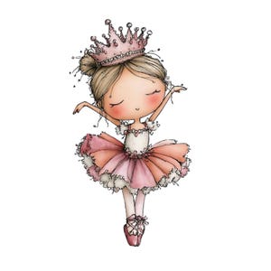 May include: A watercolor illustration of a ballerina in a pink tutu and crown. The ballerina has her arms gracefully extended, wearing pink ballet shoes. Her hair is styled in a bun, and she has rosy cheeks. The image is set against a white background.