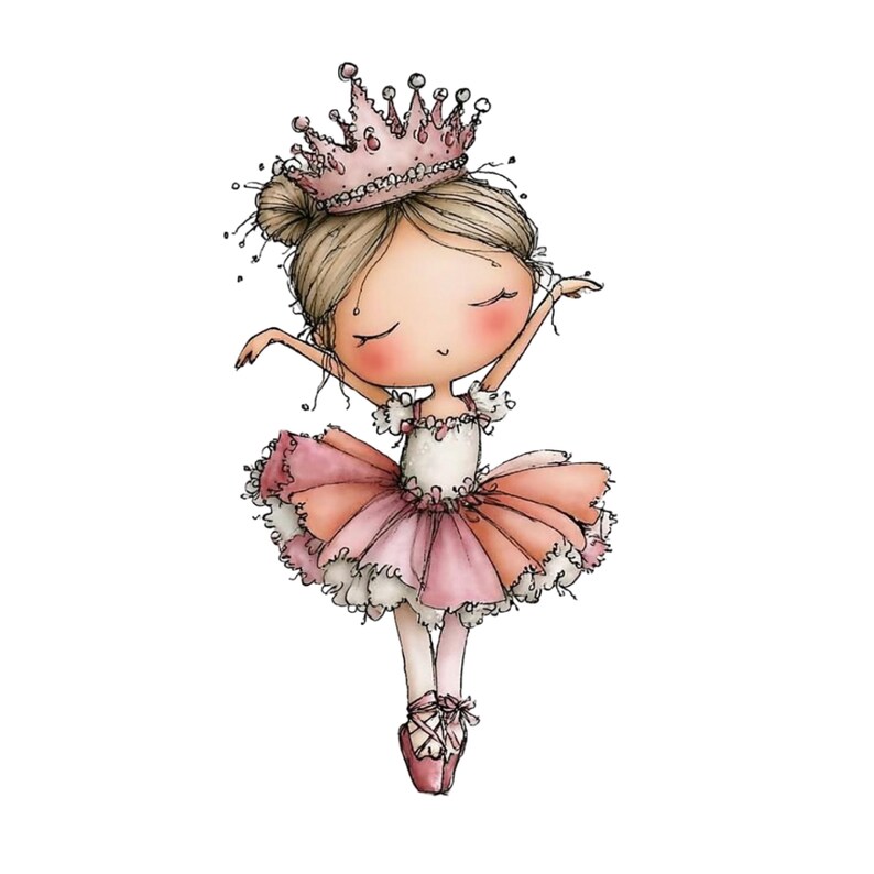 May include: A watercolor illustration of a ballerina in a pink tutu and crown. The ballerina has her arms gracefully extended, wearing pink ballet shoes. Her hair is styled in a bun, and she has rosy cheeks. The image is set against a white background.