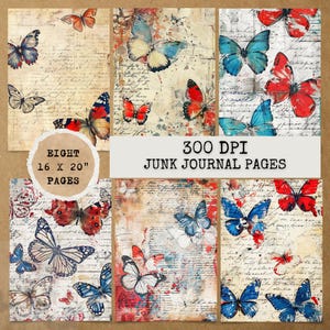 8 JPG Vintage Red Blue Butterfly Journal Pages,Digital Download,Junk journal kit,Digital papers,Junk Journal Papers,Printable Junk Journal
