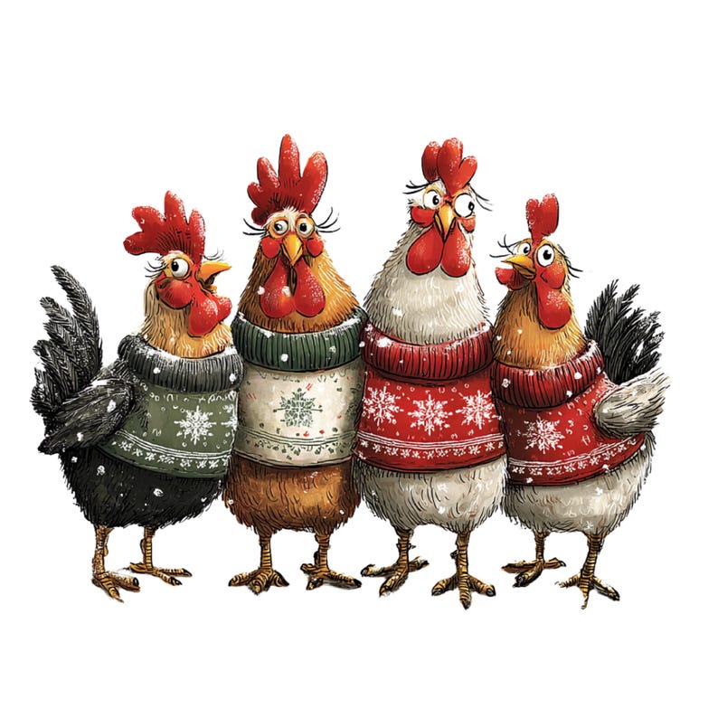 May include: A whimsical illustration features four cartoon roosters wearing festive sweaters. The roosters have red combs and wattles, with varying plumage colors of black, brown, and white. Their sweaters are decorated with snowflakes and other winter designs.