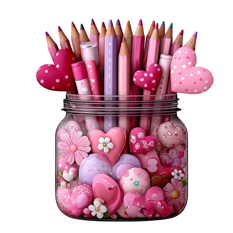 May include: A glass jar filled with pink and purple pencils, lipsticks, and heart-shaped decorations. The pencils are various shades of pink and purple. The jar is filled with decorative hearts and flowers, creating a romantic and artistic theme.