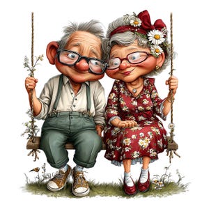 Puede incluir: Ilustración caprichosa de una pareja de ancianos en un columpio. El hombre lleva gafas, tirantes y pantalones verdes. La mujer lleva un vestido floral, gafas y una diadema adornada con flores. Tema: amor y compañerismo.