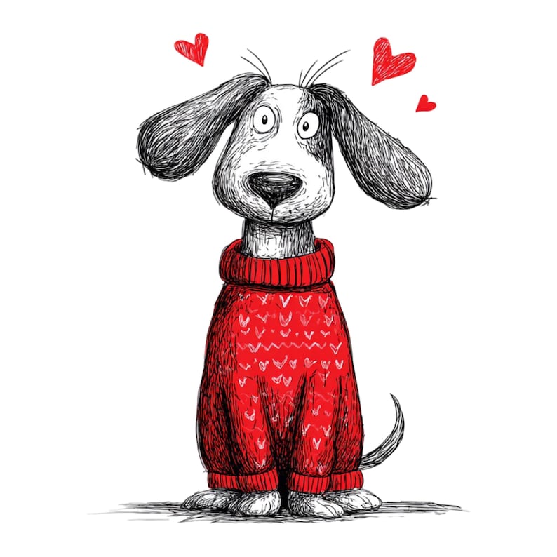Pu&ograve; includere: Un'illustrazione stravagante di un cane con un maglione rosso con un motivo a cuore. Il cane ha grandi occhi espressivi, orecchie flosce e un naso nero. Cuori rossi fluttuano sopra la testa del cane, suggerendo affetto.