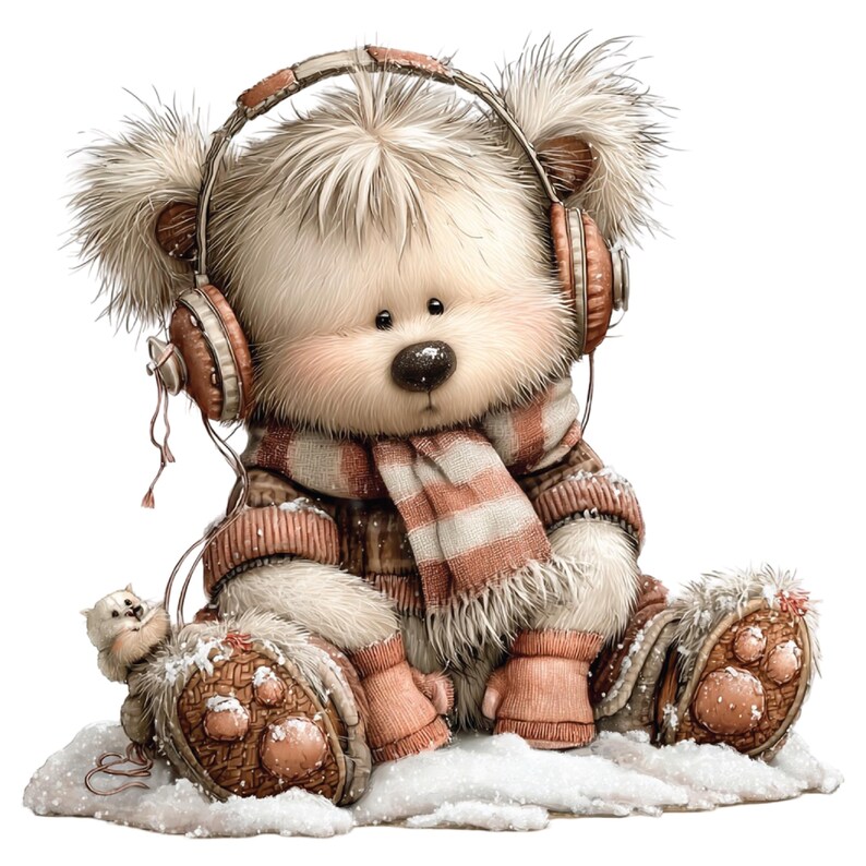Op de afbeelding: Illustratie van een teddybeer met een koptelefoon, een gestreepte sjaal en winterschoenen, zittend in de sneeuw. De beer heeft een pluizig uiterlijk en bevindt zich in een winterse omgeving. Het kleurenschema omvat wit, bruin en roze.