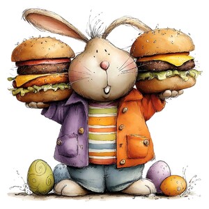 May include: A cartoon bunny wearing a purple and orange jacket, holding two large hamburgers. The bunny is surrounded by colorful Easter eggs. The burgers have sesame seed buns, cheese, lettuce, and tomato.
