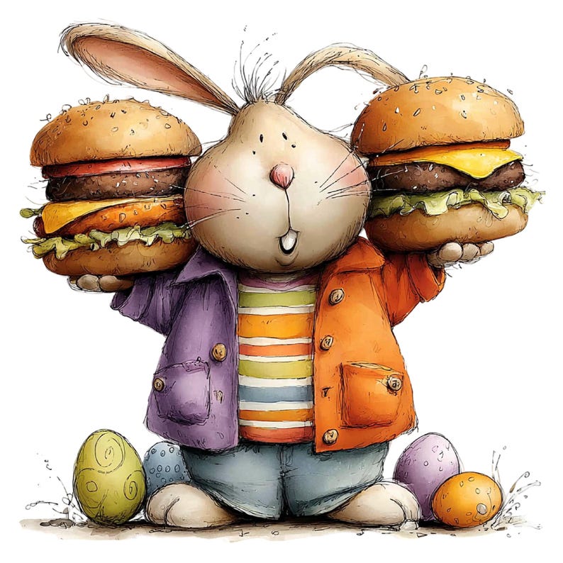 May include: A cartoon bunny wearing a purple and orange jacket, holding two large hamburgers. The bunny is surrounded by colorful Easter eggs. The burgers have sesame seed buns, cheese, lettuce, and tomato.