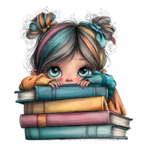 K&ouml;nnte beinhalten: Illustration einer jungen Person mit gro&szlig;en blauen Augen, die &uuml;ber einen Stapel bunter B&uuml;cher blickt. Die Person hat mehrfarbige Haare und tr&auml;gt einen blauen und orangefarbenen Pullover. Die B&uuml;cher sind blau, gelb, rosa und t&uuml;rkis.