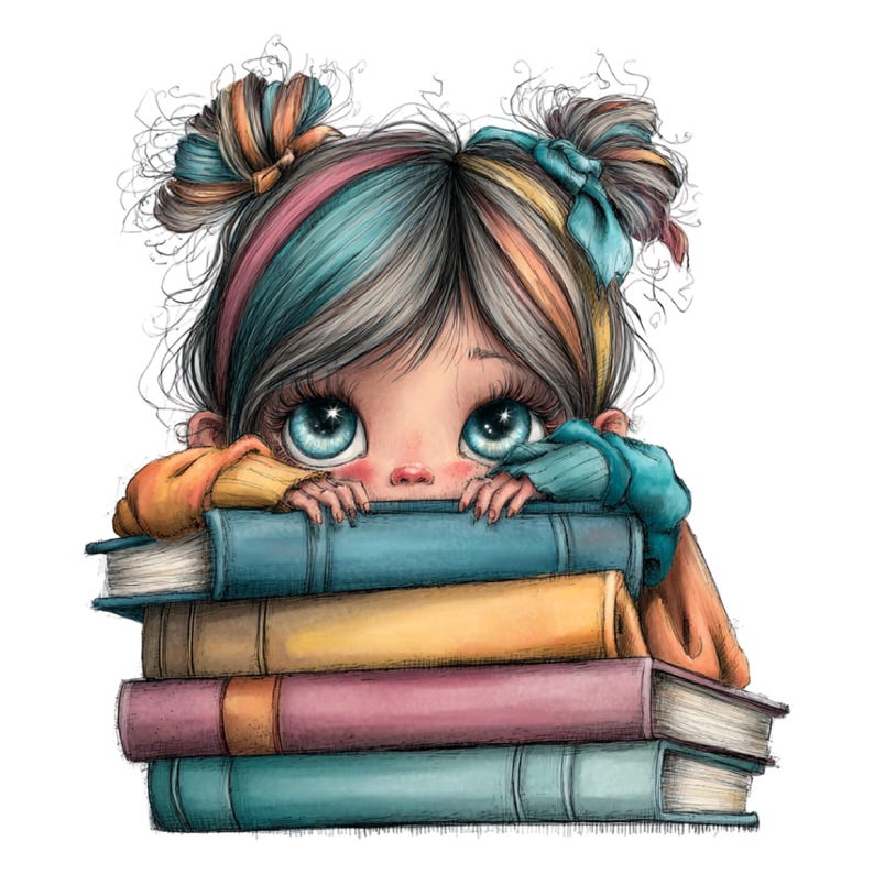 K&ouml;nnte beinhalten: Illustration einer jungen Person mit gro&szlig;en blauen Augen, die &uuml;ber einen Stapel bunter B&uuml;cher blickt. Die Person hat mehrfarbige Haare und tr&auml;gt einen blauen und orangefarbenen Pullover. Die B&uuml;cher sind blau, gelb, rosa und t&uuml;rkis.