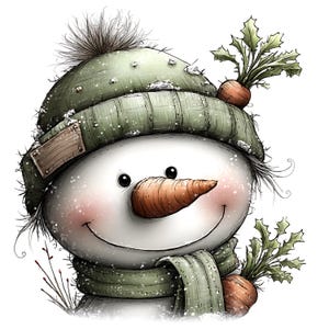 May include: A whimsical snowman illustration with a carrot nose, black eyes, and a smiling expression. The snowman wears a green hat, scarf, and has carrots with green tops as decoration. Snowflakes and rosy cheeks add to the winter theme.