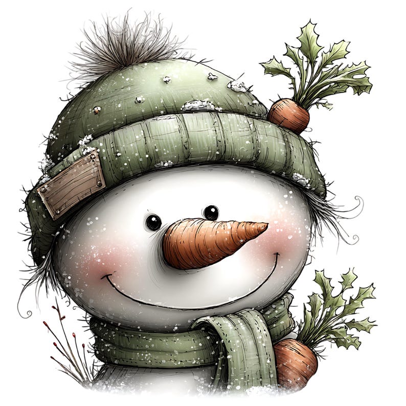 May include: A whimsical snowman illustration with a carrot nose, black eyes, and a smiling expression. The snowman wears a green hat, scarf, and has carrots with green tops as decoration. Snowflakes and rosy cheeks add to the winter theme.