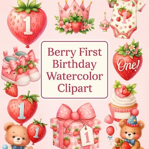 40 Beeren Erster Geburtstag Clipart, Erdbeeren Kollektion, Beere Süß Baby Shower, Kommerzielle Nutzung, Mädchen Erster Geburtstag, Erdbeer-Party