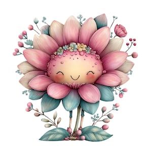 May include: A charming illustration of a smiling flower character. The flower features pink and teal petals, a light yellow face, and a small floral crown. Delicate sprigs and berries surround the flower, creating a cheerful and inviting design.