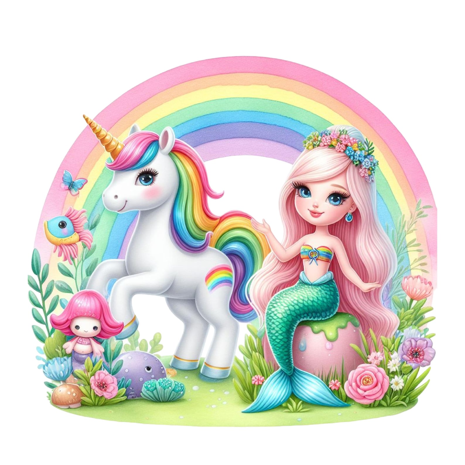 Unicorn Mermaid Clipart Bundle: Watercolor PNG Graphics Commercial Use ...
