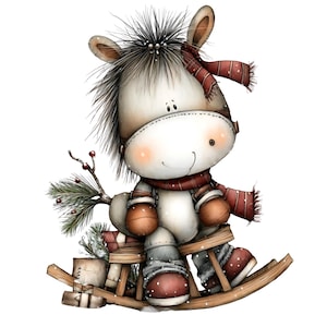 May include: A whimsical illustration of a cartoon horse on a wooden rocking horse. The horse wears a red scarf and mittens, with a sprig of pine and gifts. The color palette includes white, brown, and red, evoking a festive holiday theme.