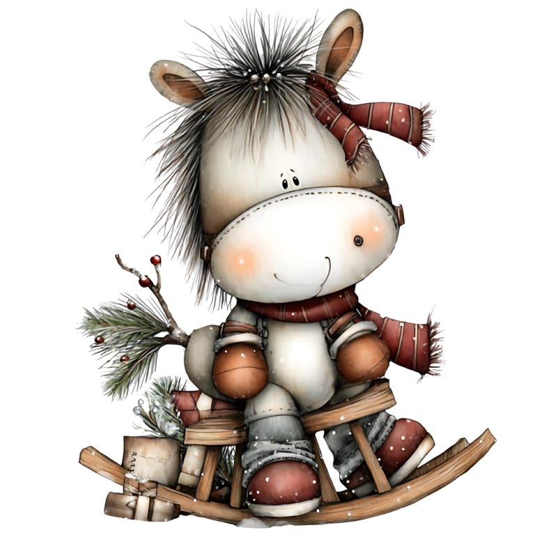 May include: A whimsical illustration of a cartoon horse on a wooden rocking horse. The horse wears a red scarf and mittens, with a sprig of pine and gifts. The color palette includes white, brown, and red, evoking a festive holiday theme.