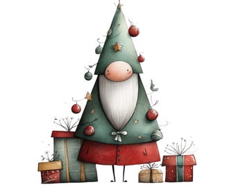 以下が含まれることがあります： オーナメントと星で飾られた、木の形をしたクリスマスノームの気まぐれなイラスト。ノームは緑色のコートと赤いスカートを着ており、足元にはプレゼントがあります。水彩画風のイラストです。