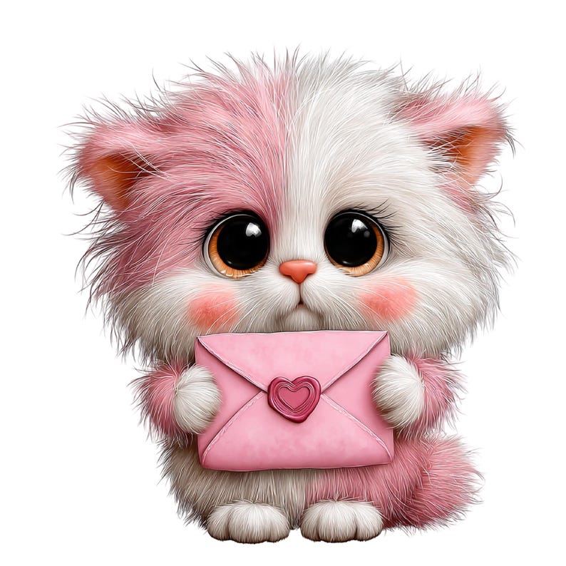 May include: A fluffy, cartoon kitten with pink and white fur holds a pink envelope sealed with a heart-shaped wax stamp. The kitten has large, expressive eyes, rosy cheeks, and a small pink nose. The image is a cute illustration.