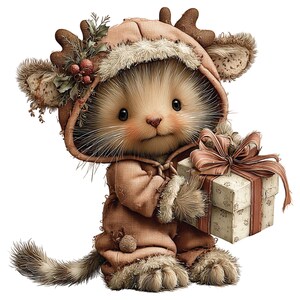 Op de afbeelding: Een schattig, cartoonachtig katje met een bruin hooded outfit met imitatiebont en geweien. Het katje houdt een ingepakt cadeau met een bruin lint vast. De afbeelding heeft een zacht, warm kleurenpalet en een grillig gevoel.
