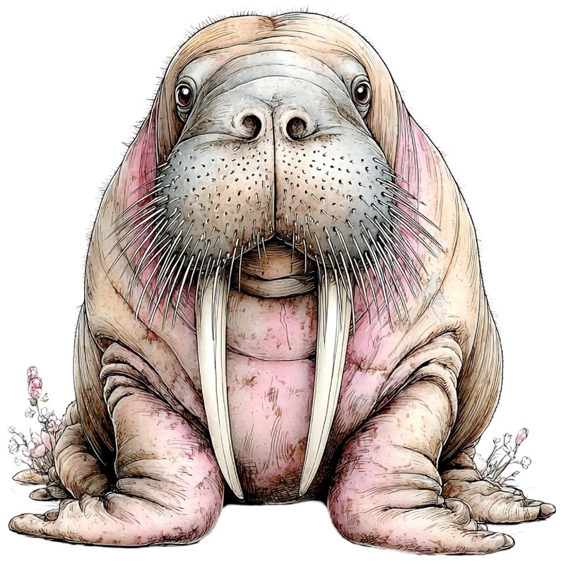 May include: A detailed illustration of a walrus with a light brown body, pink accents, and long white tusks. The walrus is facing forward, with a close-up view of its face and whiskers. Small pink flowers are visible at the bottom of the image.
