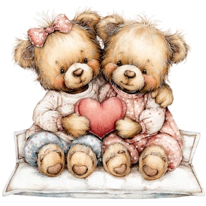 May include: Watercolor illustration of two teddy bears embracing, holding a red heart. The bears are wearing pajamas and sitting on a white pillow. One bear has a pink bow. A sweet, romantic theme.