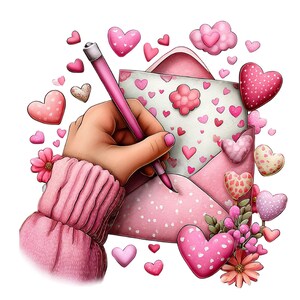 May include: Illustration of a pink envelope with a heart pattern, surrounded by pink hearts of various sizes and designs. A hand wearing a pink sweater is holding a pink pen, writing on the envelope. Pink flowers and cloud-shaped decorations complete the romantic theme.