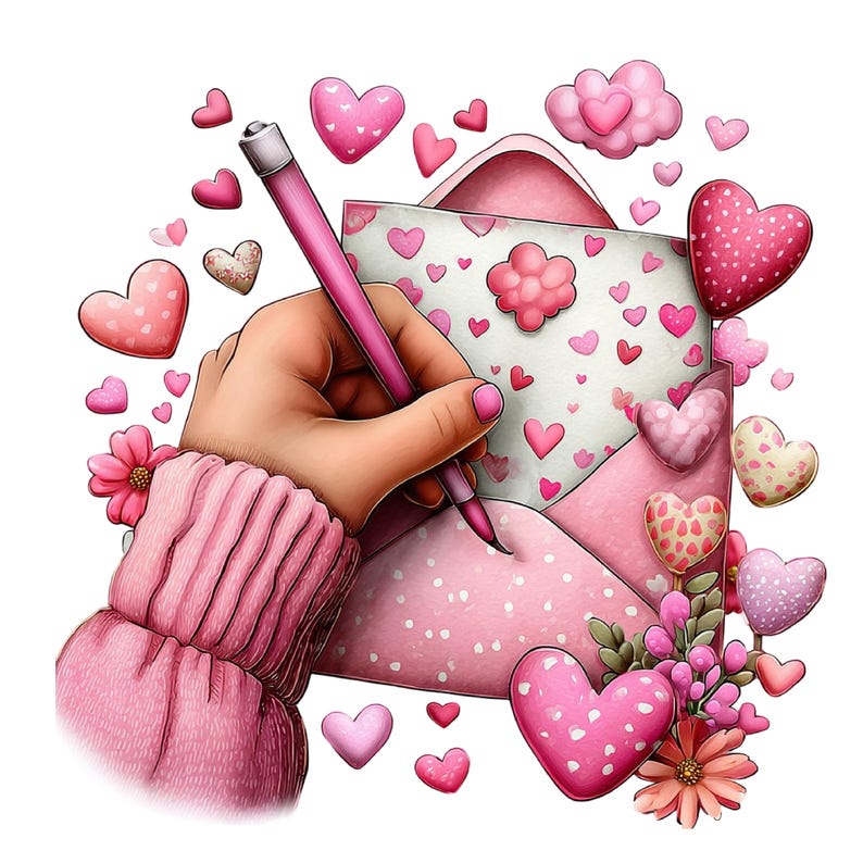 May include: Illustration of a pink envelope with a heart pattern, surrounded by pink hearts of various sizes and designs. A hand wearing a pink sweater is holding a pink pen, writing on the envelope. Pink flowers and cloud-shaped decorations complete the romantic theme.