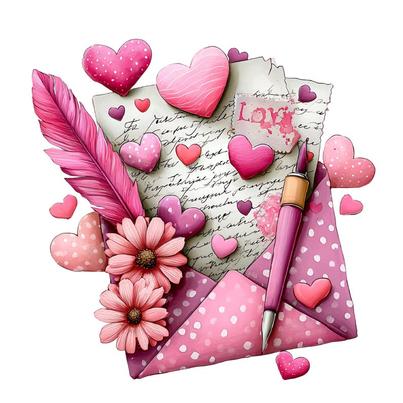 May include: A romantic illustration featuring a pink polka-dotted envelope, a pink feather, and several pink hearts of varying sizes. A pink pen and two pink flowers are also present. The word "Love" is visible on a piece of paper.