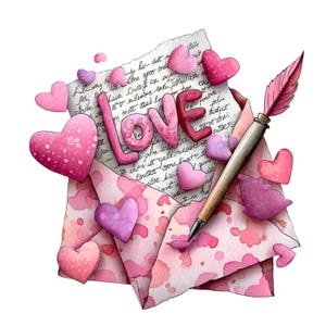 May include: Watercolor illustration of a love letter with pink hearts and the word "LOVE". The letter is in an open envelope with a feather quill pen. The background is white.