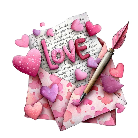 Valentine Love Letter PNG Set: Romantic Watercolor Clipart Bundle 45 PNG