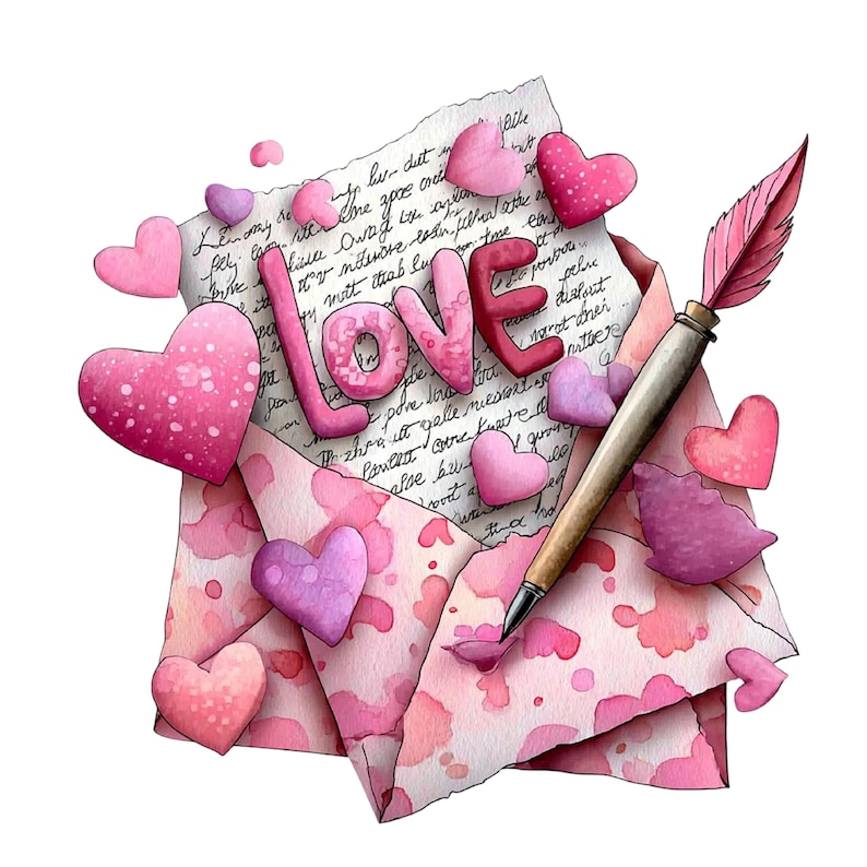 May include: Watercolor illustration of a love letter with pink hearts and the word "LOVE". The letter is in an open envelope with a feather quill pen. The background is white.