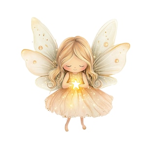 May include: A fairy with golden wings and a peach-colored dress holds a glowing star in her hands. The fairy has long blonde hair and closed eyes.